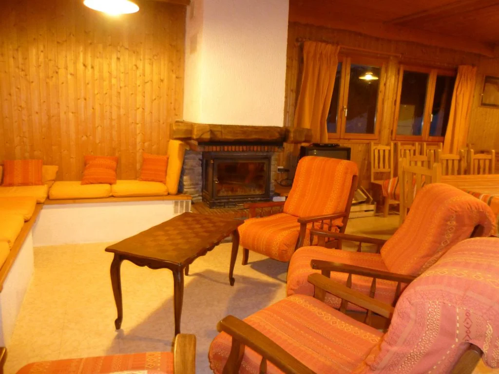 Salon avec cheminée à cassette et canapé du gîte Les Augets